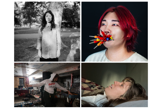 Clockwise: Zosha Warpeha by Kenneth Jiménez; Qiujiang Levi Lu by Aijia Yao; close up portrait of Anna RG laying in bed, with long dirty-blonde hair and light skin, and a checkered sweater, in profile, they look up at the ceiling; Jackson-Pratt by Walter Wlodarczyk